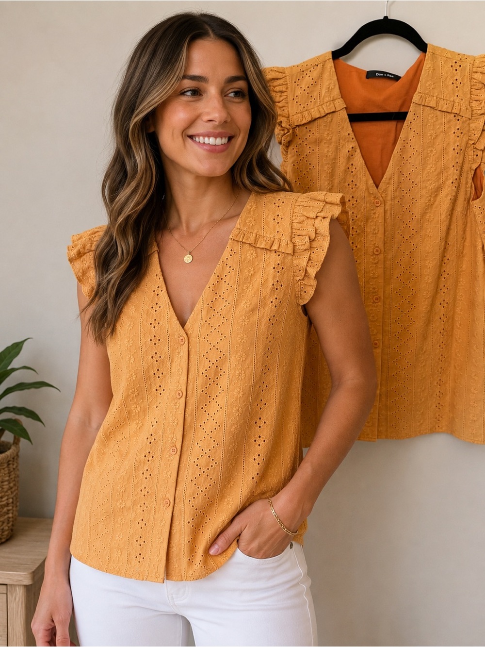 🌸Women's Mustard Eyelet Ruffle Sleeve Button-Front Top🌸